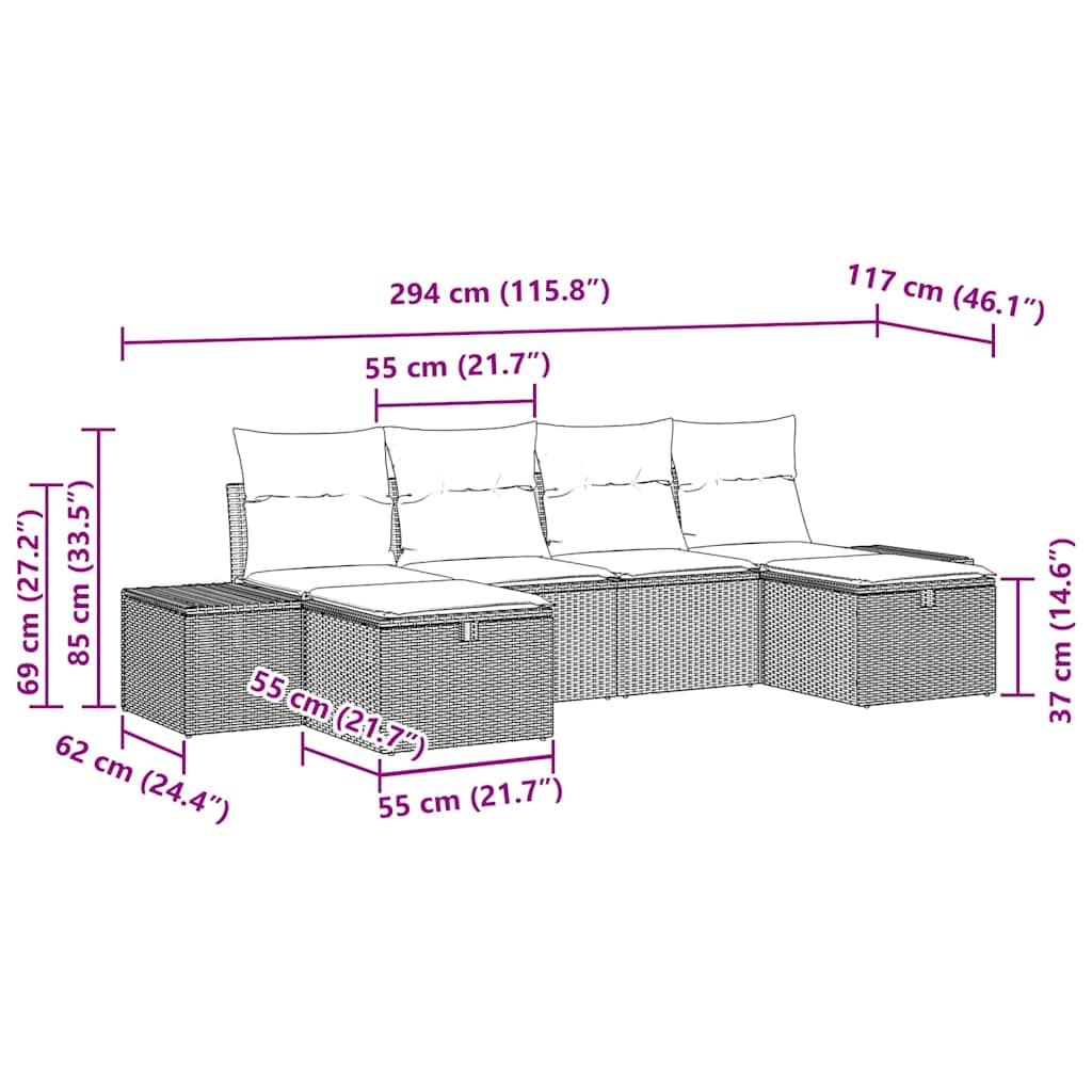 Garten-Sofa-Set mit Kissen 6 pcs Schwarz Poly Rattan